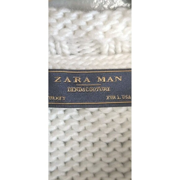 Zara Chunky Knit Sweater Men's Large Cream Wool Blend Fisherman High Neck - Picture 2 of 7